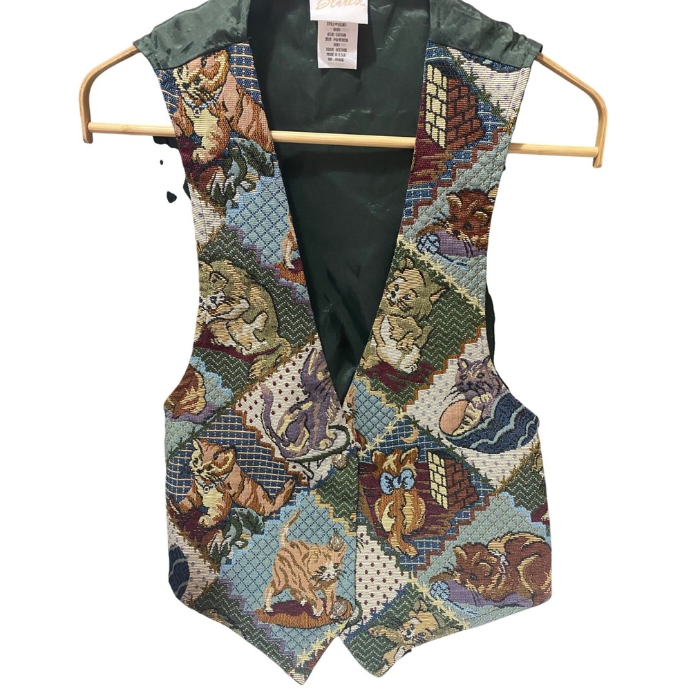 Backroad Blues‎ Cat Tapestry Vest Women Small Green Vintage Good Woven Patchwork